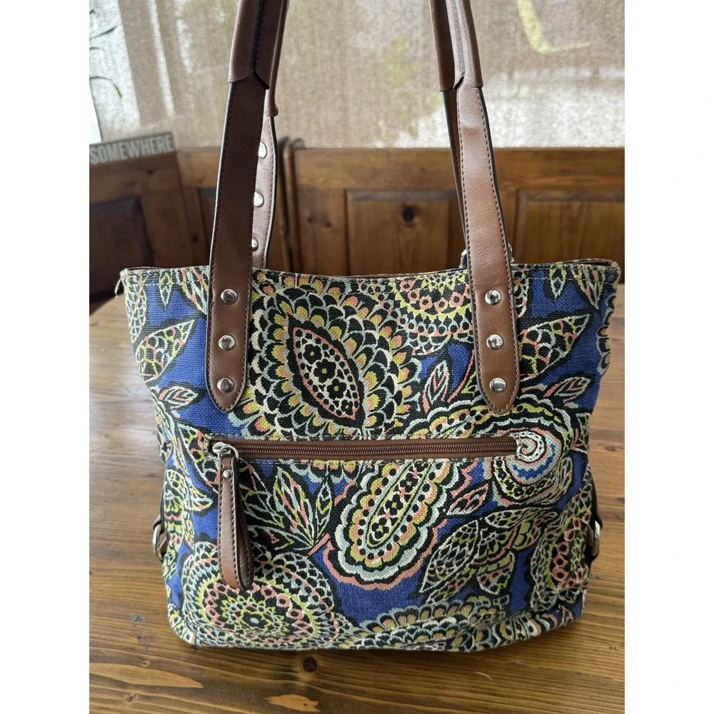 Vintage Relic Purse Tote Blue & Brown Canvas Bohemian Geometric